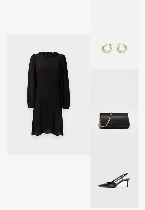 Juodas midi suknelė, pagaminta iš lengvos medžiagos, su raukšlėta apykakle ir ilgomis pūkuotomis rankovėmis su elastingais riešais. Tekstūruota paviršius su lengvu blizgesiu.; Juodai lakuoti slingback aukštakulniai su smailiu nosiu, su tekstūruotu gyvatės raštu, reguliuojama juosta ir trumpu, tekstūruotu blokiniu kulnu.; Juodas odinis delninukas su auksine grandine, turintis lygų paviršių, stačiakampį išmatavimą ir įspaustą prekės ženklą priekyje.; Lauren Ralph Lauren BASIC SMALL HOOP - Auskarai - gold-coloured
