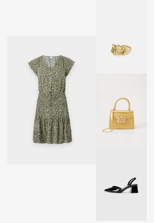 Kvetinové šaty v olivovo zelenej farbe majú výstrih do V, krátke rukávy, elastický pás a volánový lem v tierovom štýle s bielymi kvetinovými vzormi.; Čierne lakované kožené sandálové podpätky s špicatou špičkou a geometrickým blokovým podpätkom. Disponujú elegantným, minimalistickým dizajnom a hladkým povrchom.; Žltá falošná krokodília kabelka so štruktúrovaným dizajnom, horným držadlom, odnímateľným reťazovým popruhom a dekoratívnym kryštálovým ozdobením na zapínaní.; Zlatý prsteň s textúrovaným, vlnitým dizajnom, ktorý má tri výrazné vrcholy. Hladký, lesklý povrch a otvorený pásik pre nastaviteľné prispôsobenie.