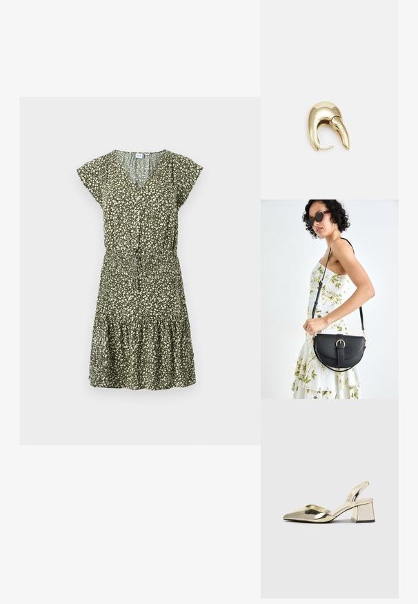 Ziedu kleita olīvu zaļā krāsā ar V-veida kakla izgriezumu, īsām piedurknēm, elastīgu jostasvietu un vairākām kārtām volānu apakšējā malā, kurai ir baltu ziedu raksti.; Zeltaini, metāla kurpes ar siksniņām, norakans purngalis un masīla papēdis. Gluda tekstūra, minimālisma dizains un šaura siksna.; Melnas ādas rokassoma ar izliekta formu, noņemamu siksnu un zelta aksesuāriem. Somai ir vāciņš ar sprādzes detaļu.; Zeltīti metāla auskari ar gludu, izliekta dizaina. Ar atšķirīgu smailu formu, pulētu virsmu un eņģu aizdari.