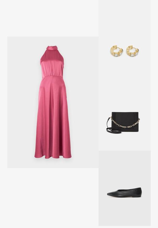 Vestido maxi rosa com decote halter, corpo ajustado, cintura franzida e saia suave e fluida. Feito de um tecido leve e texturizado.; Bailarina de couro preto, bico fino, design minimalista, textura suave, salto baixo, sem hardware ou embelezamentos visíveis.; Bolsa crossbody de couro preto com uma textura suave, forma retangular e um detalhe em corrente metálica na frente. Inclui uma alça ajustável.; Brincos de argola dourados com um design texturizado e três cristais transparentes em um lado, oferecendo uma estética geométrica moderna.