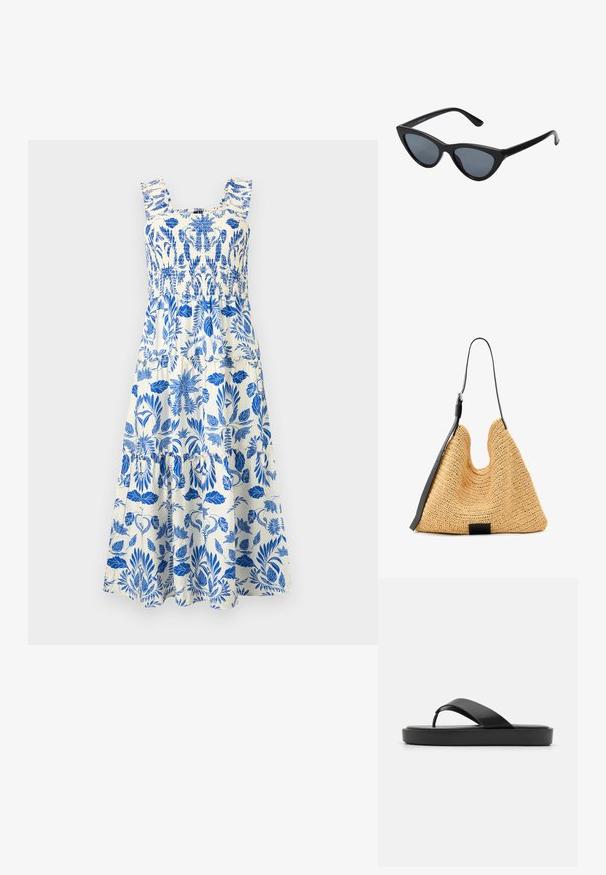 Blaues und weißes Blumenkleid mit einem gerafften Oberteil, Rüschenträgern und einem gestuften Rock. Hergestellt aus leichtem Stoff mit einer weichen Textur.; Schwarze Flip-Flop-Sandalen mit einem glatten Oberriemen und einer strukturierten Plattformsohle. Minimalistisches Design mit einer flachen Silhouette.; Schwarze Cat-Eye-Sonnenbrille mit dunkelgrauen Gläsern, schlankem Kunststoffrahmen, spitzen Ecken und geraden Bügeln. Keine sichtbaren Befestigungen oder Akzente.; Natürlich gewobene Strohtasche mit strukturierter Oberfläche, großem offenen Oberteil, geschwungener Form und einem dunklen Ledertragegriff. Verfügt über einen schwarzen Akzent an der Basis.