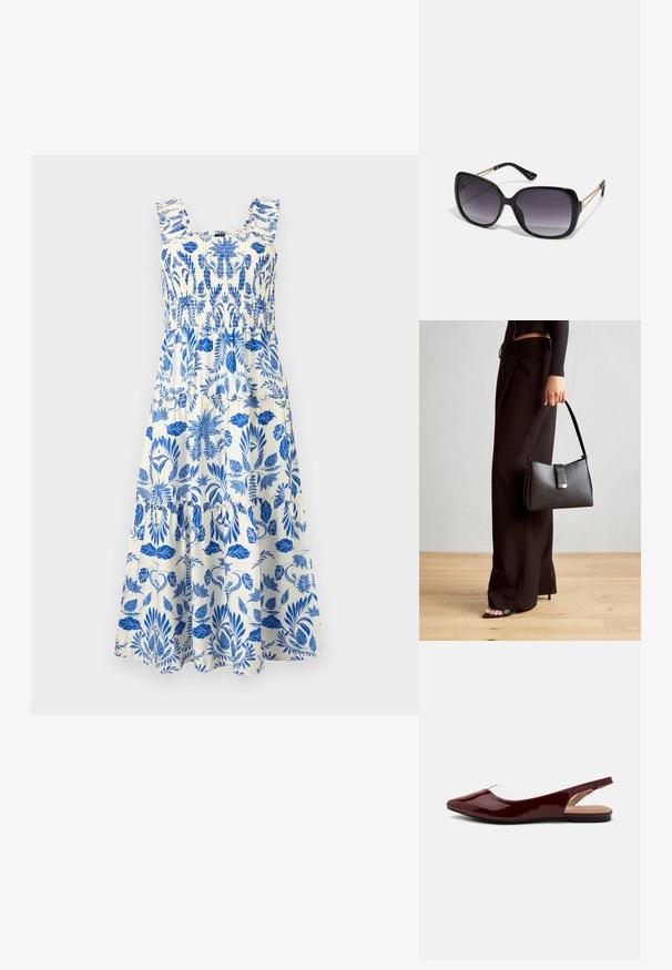 Plava i bijela cvjetna haljina s elastičnim korzetom, volanima na naramenicama i višeslojnim suknjom. Izrađena od lagane tkanine s mekim teksturom.; Burgundijske lakirane balerinke s otvorenom petom, šiljastim nosom i ravnim crnim đonom. Glatka tekstura, minimalistički dizajn.; Crne prevelike sunčane naočale s gradijentnim lećama, debelim okvirom i zlatnim lancem kao detaljem na krakovima.; Crna torba s oblikom koji sadrži strukturu, glađu teksturu i metalnu kopču. Uparena s širokim crnim hlačama i sandalama na otvorenom s drvenog poda.