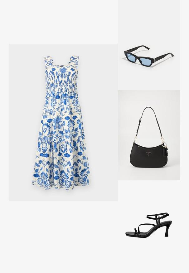 Rochie florală albă și albastră, cu un corset smăltuit, bretele volanate și o fustă în straturi. Confecționată dintr-un material ușor, cu o textură moale.; Sandale cu toc din piele neagră, cu curele subțiri, vârf pătrat și toc stiletto. Curea ajustabilă pentru o potrivire confortabilă. Textură netedă.; Ochelari de soare negri cu rame dreptunghiulare, lentile de culoare bleu deschis, finisaj mat și detalii din argint la balamale. Fabricat în Italia.; Geantă de mână sintetică neagră, cu o formă curbată, cu accesorii din aur și un logo triangular. Dispune de închidere cu fermoar și o curea ajustabilă.