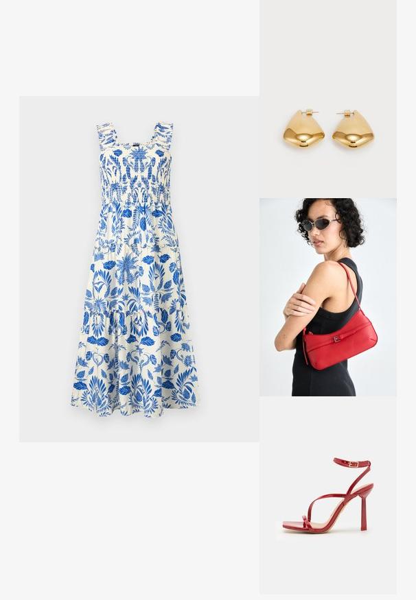 Blå og hvit blomsterkjole, med smocket liv, volangstroppar og lagdelt skjørt. Laget av lett stoff med en myk tekstur.; ALDO SCINTILLA - Sandaler med høye hæler - red; Rød lær skulderveske med en glatt tekstur, buet design og en dekorativ spenne. Justerbar stropp og glidelås-lukking.; Øreringer i gulltone laget av metall, med en glatt, avrundet trikantform og stift-bakdesign; reflekterende overflate med minimal detaljer.
