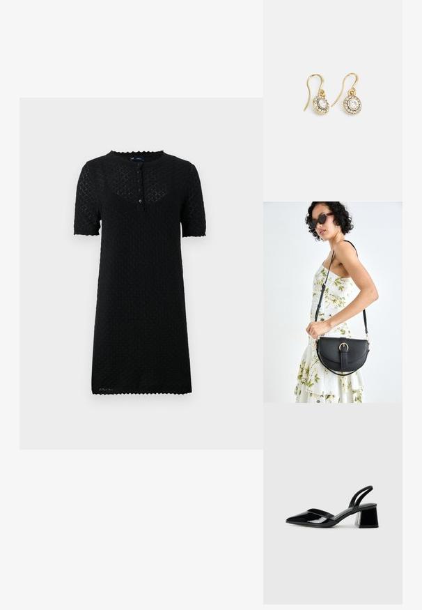 Melnas īsām piedurknēm kleita ar teksturētu seklas šūnu rakstu, apaļu dekoltē ar viļņotām malām un pogu aizdari priekšā.; Melna lakota āda ar atvērto papēdi, ar smailu purngalu un ģeometrisku blokpapēdi. Iezīmējas elegants, minimāls dizains un gluda tekstūra.; Melnas ādas rokassoma ar izliekta formu, noņemamu siksnu un zelta aksesuāriem. Somai ir vāciņš ar sprādzes detaļu.; Zelta tonī veidotas auskaru piekariņi ar ovālu izgriezumu caurspīdīgām kristālēm, kuras ieskauj mazākas caurspīdīgas akmeņu daļiņas, ar āķveida dizainu drošai valkāšanai.