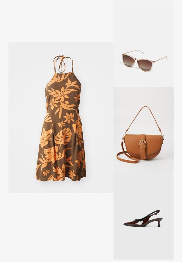 Vestido marrón de tirantes con un patrón floral naranja, a la altura de la rodilla, con un cuerpo ajustado que se transforma en una falda acampanada. Textura suave.; Zapato slingback de charol marrón con punta afilada y tacón moderado. Cuenta con una correa con hebilla para un ajuste seguro. Textura suave.; Gafas de sol con degradado marrón y un marco translúcido rosa, forma cuadrada y brazos de metal delgados. Presenta bordes redondeados y un diseño minimalista.; Bolso bandolera de cuero marrón con forma curvada, herrajes dorados y un acento de hebilla. Incluye una correa de hombro desmontable.