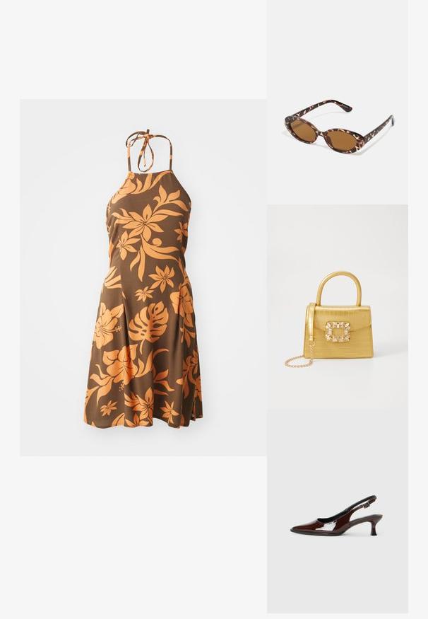 Rjava halter obleka z oranžnim cvetličnim vzorcem, do kolen, z oprijetim korpusom, ki prehaja v razširjen krilo. Mehka tekstura.; Rjavi lakirani slingback čevelj z ostro konico in zmerno peto. Ima zaponko za varno prileganje. Gladka tekstura.; Želve sončne očala z ovalnimi lečami, rjave tonirane, tanke ročice z teksturiranim vzorcem, lahka plastična okvir.; Rumeno usnjeno-usnje z vzorcem krokodila, s strukturiranim dizajnom, zgornjo ročajem, snemljivo verižico in dekorativnim kristalnim okrasjem na zaponki.