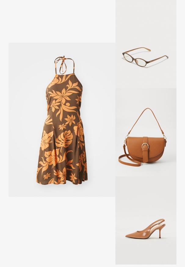 Smeđa halter haljina s narančastim cvjetnim uzorkom, do koljena, s uskim tijelom koje prelazi u široku suknju. Mekana tekstura.; Sandal s petom u obliku šiljastog prsta od glatkog, sjajnog smeškastog materijala. Ima zakrivljeni izrez i vitku štiklu. Detalj s srebrnom kopčom.; Smeđe skupe naočale s ovalnim lećama, tankim drškama i prozirnim akcentima. Ima suptilan logo na sljepoočnici. Elegantan, lagan dizajn.; Smeđa kožna torba preko tijela s zakrivljenim oblikom, zlatnim metalnim detaljima i naglaskom na kopču. Ima odvojivu naramenicu.