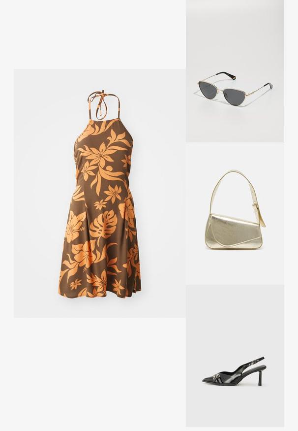 Braunes Halterneck-Kleid mit einem orangefarbenen Blumenmuster, knielang, mit einem taillierten Oberteil, das in einen ausgestellten Rock übergeht. Weicher Stoff.; Schwarzer Lackleder Slingback-Schuh mit spitzem Zehenbereich, Knöchelriemen mit silbernen Schnallen und Beschlägen sowie einem schlanken Absatz.; Sonnenbrille mit goldmetallic Rahmen, dunklen Gläsern, Katzenaugenform und schwarzen Bügeln, die auf einer Seite mit einem Regenbogenakzent versehen sind.; Goldfarbene metallische Handtasche mit strukturiertem Design, glatter Textur und verstellbarem Tragegurt. Sie verfügt über eine einzigartige dreieckige Form und minimalistische Nähte.