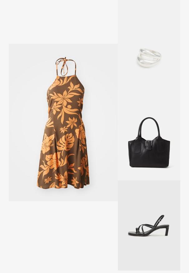 Bruine halterjurk met een oranje bloemenpatroon, knielang, met een getailleerd lijfje dat overgaat in een uitlopende rok. Zachte textuur.; Zwarte sandaal met bandjes, vierkante teen en een lage blokhak. Voorzien van meerdere dunne bandjes en een verstelbare enkelband. Gemaakt van zacht leer.; Zwarte leren tote bag met een gladde textuur, gestructureerde vorm, twee handvatten en een opvallend zilveren sluitingdetail aan de voorkant.; Zilveren dubbele ring met een gladde, gepolijste oppervlakte. Heeft een vloeiende, gebogen vorm met overlappende secties voor een moderne uitstraling.
