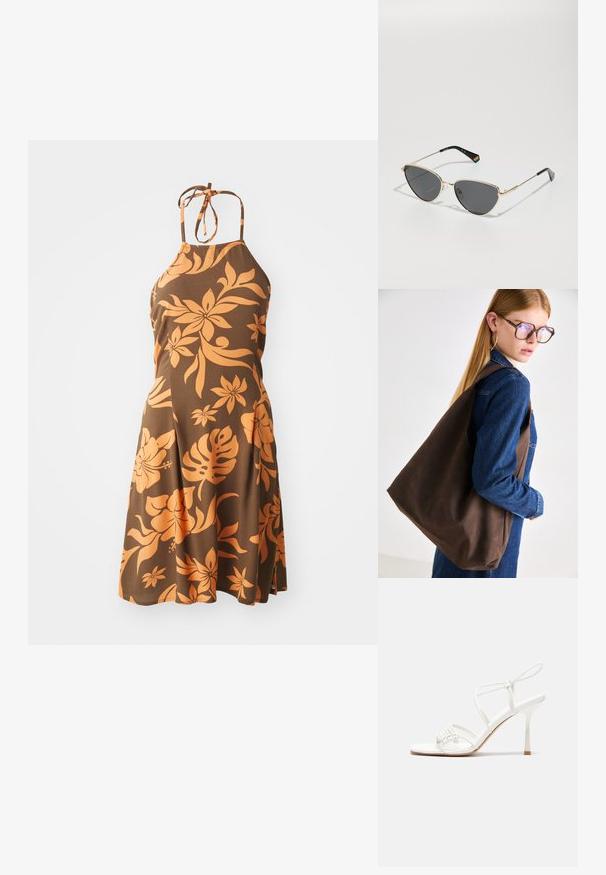 Ruskea halterneck-mekko, jossa on oranssi kukkakuosi. Polven mittainen, tiukasti istuva yläosa, joka laskeutuu levenevään hameeseen. Pehmeä tekstuuri.; Valkoinen remmillä varustettu korkokenkä, jossa tasapohja, teksturoitu etuosa koukkuineen ja kapea nilkkaremmi.; Kultasankaiset aurinkolasit, joissa on tummat linssit, kissamainen muoto ja mustat sankaruet, joista toisella puolella on sateenkaaren aksentti.; Ruskea nahkainen olkalaukku, jossa on pehmeä rakenne, tilava muotoilu ja yksi hihna. Yhdistetty siniseen farkkutakkiin.; Kultaiset rengaskorvakorut, ohuet ja pyöreät, joissa on sileä metallipinta ilman koristeluja tai kuvioita.
