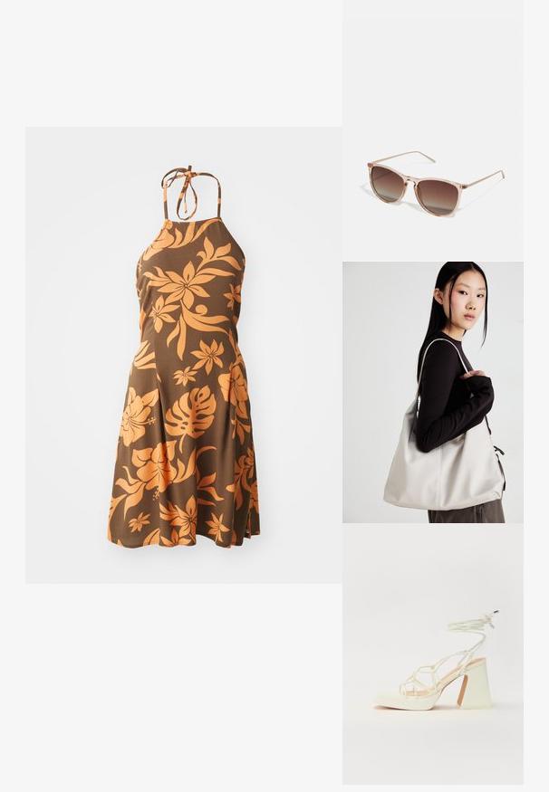 Brun halterneck kjole med et orange blomsterdesign, knælang, med en tætsiddende overdel, der udløber i en flagrende nederdel. Blød tekstur.; Hvide højhælede sandaler med en kraftig hæl, der har et stropdesign og ankelbinding. Glat tekstur med en platform foran for ekstra højde.; Brune gradient solbriller med en gennemsigtig pink stel, firkantet form og tynde metalarme. Har afrundede kanter og minimal dekoration.; Beige håndtaske lavet af blødt materiale med et slouchy design, stikninger og to skulderremme. Velegnet til daglig brug.