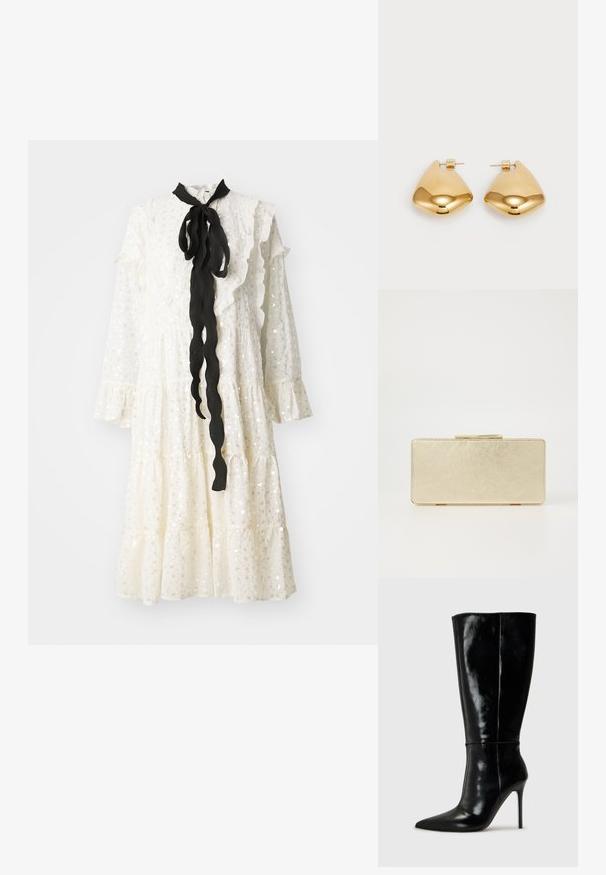 Hvit kjole med volangkrage og volanger på ermene, med et svart bånd som knytte og en strukturert stoff med paljetter. Lagdelt design med en flytende silhuett.; Sorte skinnkne-høye støvler med spiss tå og høye stiletthæler. Glatt tekstur og elegant design, med minimal detaljering.; Gull clutch-veske med en jevn metallisk finish, rektangulær form og en enkel lås. Ingen synlige mønstre eller dekorasjoner.; Øreringer i gulltone laget av metall, med en glatt, avrundet trikantform og stift-bakdesign; reflekterende overflate med minimal detaljer.