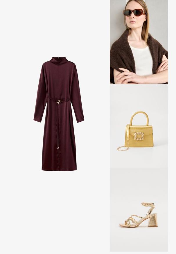 Burgundská dlouhá šatová šaty s vysokým límcem, staženým pasem pomocí pásku a hladkým, jemným povrchem. Obsahuje detail s kulatou kovovou přezkou.; Zlaté metalické sandály na podpatku s páskovým designem, čtvercovým blokovým podpatkem a nastavitelným kotníkovým popruhem se sponou. Hladký povrch.; Hnědé želvovinové sluneční brýle s ostrými rámy, tmavými skly a kovovými akcenty. Nosit s krémovým topem a tmavou šálou.; Žlutá kabelka z umělé krokodýlí kůže se strukturovaným designem, horním uchopem, odnímatelným řetízkovým popruhem a dekoračním krystalovým zdobením na zapínání.