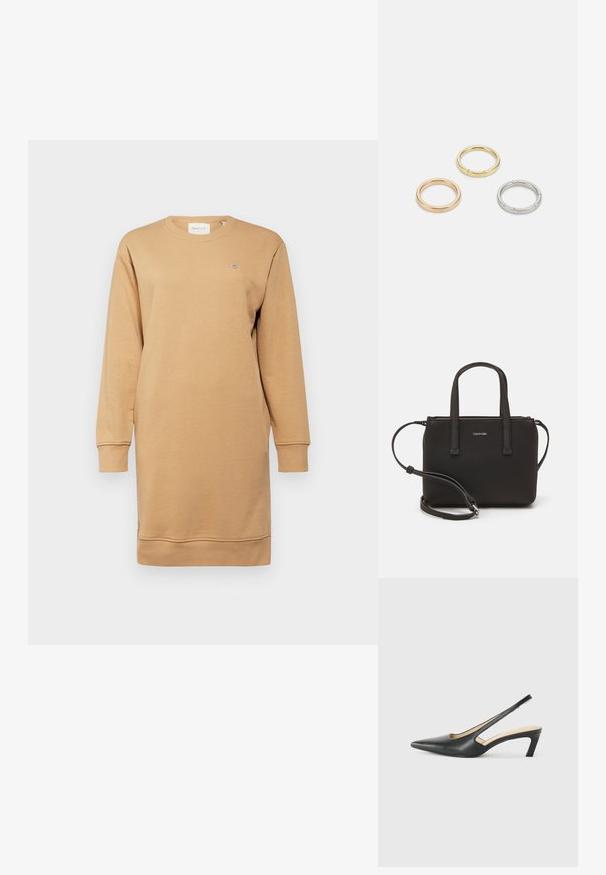 GANT SHIELD C NECK DRESS - Freizeitkleid - caramel beige; Schwarzer spitz zulaufender Slingback-Schuh mit niedrigem Absatz, der aus glattem Leder gefertigt ist und seitliche Ausschnitte für Atmungsaktivität aufweist.; Schwarze Handtasche mit zwei kurzen, doppelt geflochtenen Griffen und einem abnehmbaren Schulterriemen. Glattes, lederähnliches Material mit einem Reißverschluss und Logodetail.; Drei Metallringe: einer in Roségold, einer aus Gold mit strukturierten Akzenten und einer aus Silber, alle mit graviertem Branding auf dem inneren Band.