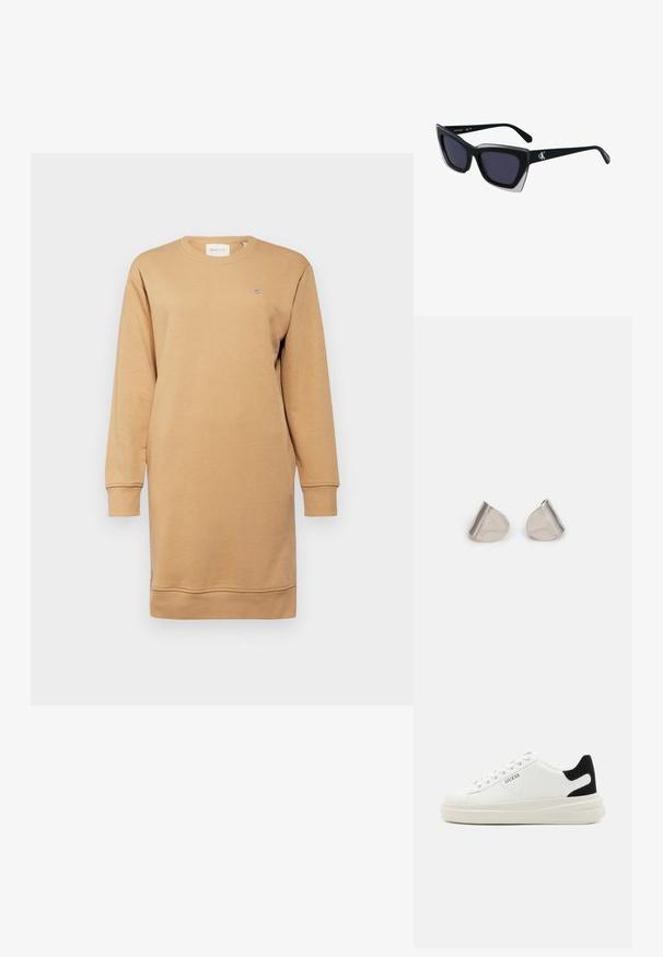 GANT SHIELD C NECK DRESS - Kjole - caramel beige; Hvite lær sneakers med tykk hvit såle, svart semsket hælforsterkning og preget logo på siden. Snøresystem med seks hull.; Store svarte solbriller i overdimensjonert størrelse med geometrisk form, med mørke linser og en kontrasterende grå detalj på rammen. Logo på armen.; Sølvmetalløreringer med en jevn, dråpeform og en polert finish. Subtile graveringer legger til detaljer. Minimalistisk design.