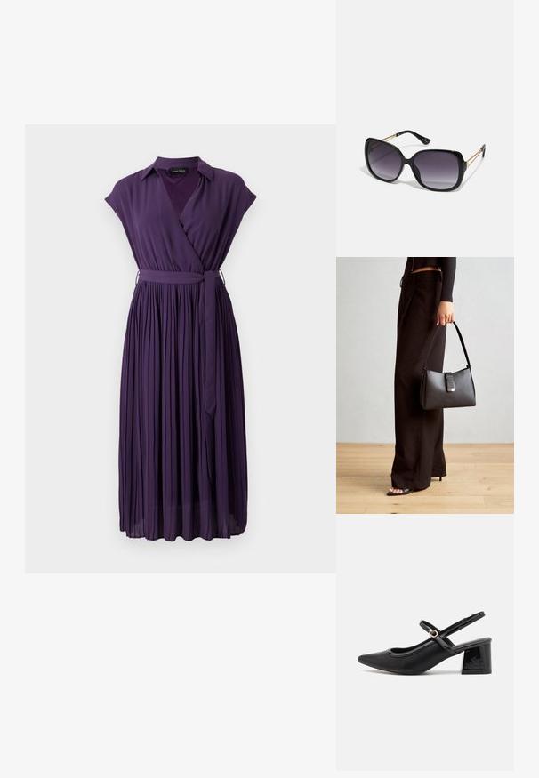 Vestido envolvente roxo com pregas, mangas curtas, gola, cintura ajustada e faixa de amarração. Feito de um tecido suave com uma textura fluida.; Sabrinas de cerâmica preta com salto bloco, bico apontado e um design com recortes arredondados. Apresenta um detalhe em fivela de tom dourado.; Óculos de sol oversized pretos com lentes degradê, armações grossas e detalhes em corrente dourada nas hastes.; Bolsa preta com forma estruturada, textura suave e um fecho metálico. Combinada com calças largas pretas e sandálias de salto aberto sobre um chão de madeira.