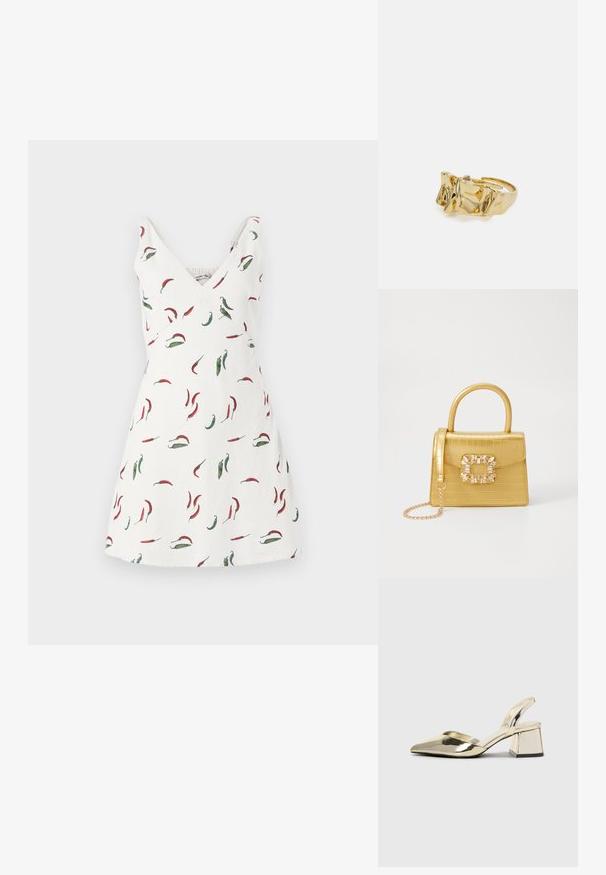 Valge ilma varrukateta kleit V-dekoltee ja punase ning rohelise tšillipipra mustriga. Kangas tundub kerge ja siledana.; Kuldne, metallilised slingback-kudumid terava varba ja paksu kontsaga. Sile tekstuur, minimalistlik disain ja kitsas rihm.; Kollane faux-krokodilli käsipindaga kott, millel on struktureeritud disain, ülemine käepide, eemaldatav kettmass ja dekoratiivne kristallkaunistus klambril.; Kuldne sõrmus tekstureeritud, lainelise disainiga, millel on kolm silmapaistvat tippu. Sile, läikiv pind ja avatud riba, mis võimaldab reguleeritavat sobivust.