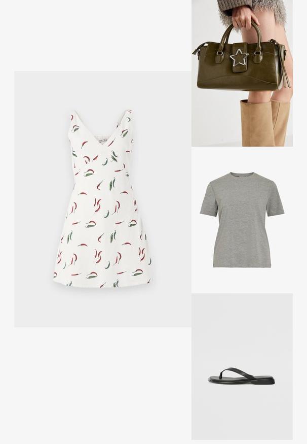 White sleeveless dress with a V-neck, featuring a chili pepper pattern in red and green. The fabric appears lightweight and smooth.; Grey cotton T-shirt featuring a classic crew neck, short sleeves, and a smooth texture, suitable for casual wear.; Black flip-flop made of smooth leather, featuring a thin strap design and a flat sole with a minimal profile. No notable patterns or accents.; Olive green faux leather handbag with silver star accent, dual handles, and a zip closure. Textured surface and structured shape.