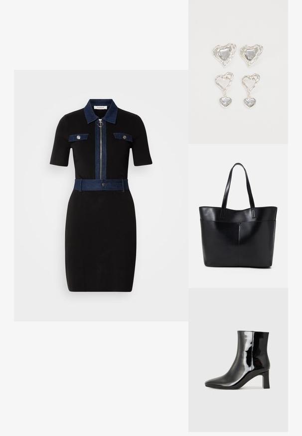 Black dress with short sleeves, denim accents on collar, pockets, and belt. Features a central zipper and fitted silhouette.; Black patent leather ankle boot with a pointed toe and a mid-height block heel. Smooth texture and minimalist design.; Black leather tote bag with two long handles, a smooth texture, and a structured shape. Features a front pocket for additional storage.; Silver heart-shaped earrings feature faceted clear stones, with a textured frame. The set includes stud and drop styles.
