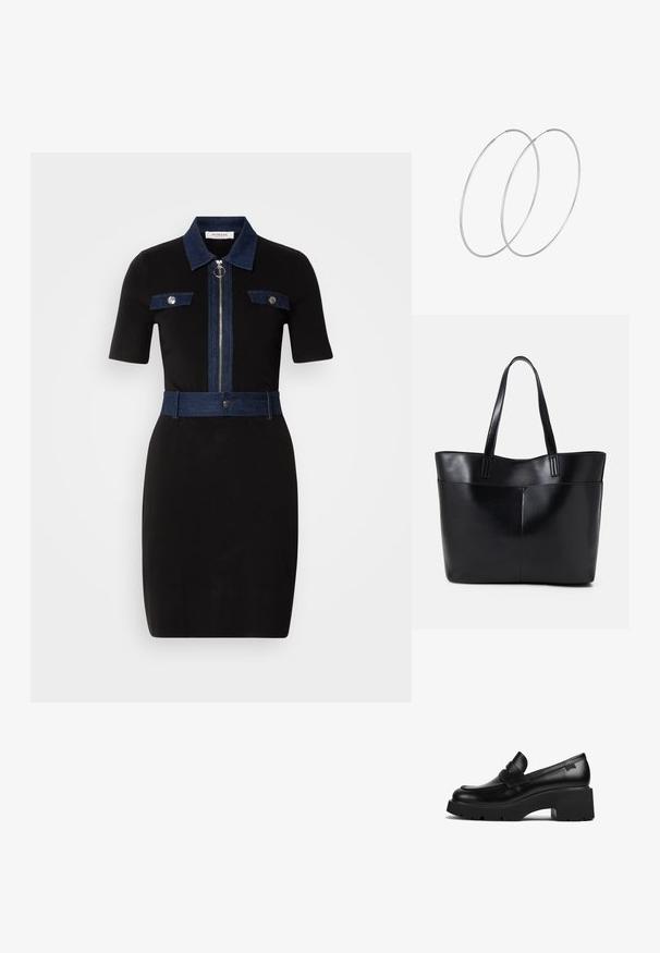 Zwarte jurk met korte mouwen, denim accenten op de kraag, zakken en riem. Heeft een centrale rits en een getailleerd silhouet.; Zwarte leren loafers met chunky hak en dikke zool, met een banddetail over de bovenkant, zijaanzicht op een witte achtergrond.; Zwarte leren tote bag met twee lange handvatten, een zachte textuur en een gestructureerde vorm. Voorzien van een voorvak voor extra opslagruimte.; Zilveren hoepel oorbellen met een minimalistisch ontwerp. Cirkelvormig, gladde textuur en dun profiel. Lichtgewicht met een gepolijste afwerking.