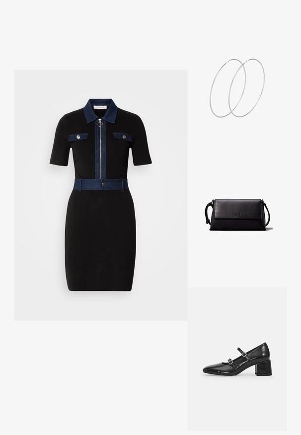 Mustapuku, jossa on lyhyet hihat, denim-korostukset kauluksessa, taskuissa ja vyössä. Ominaisuuksiin kuuluu keskellä oleva vetoketju ja istuva siluetti.; Musta kiiltonahkainen Mary Jane -kenkä, jossa on terävä kärki, kaksi säädettävää hihnaa ja tilava lohkoarkki. Liukas pinta ja kiiltävä viimeistely.; Musta nahkainen clutch-laukku, jossa on suorakulmainen muoto, sileä pinta, litteä läpän sulkumekanismi ja pieni kahva sivussa. Mukana hienovarainen logo.; Hopehope hopeilla, joissa on minimalistinen muotoilu. Pyöreä muoto, sileä pinta ja ohut profiili. Kevyet ja kiillotetut.