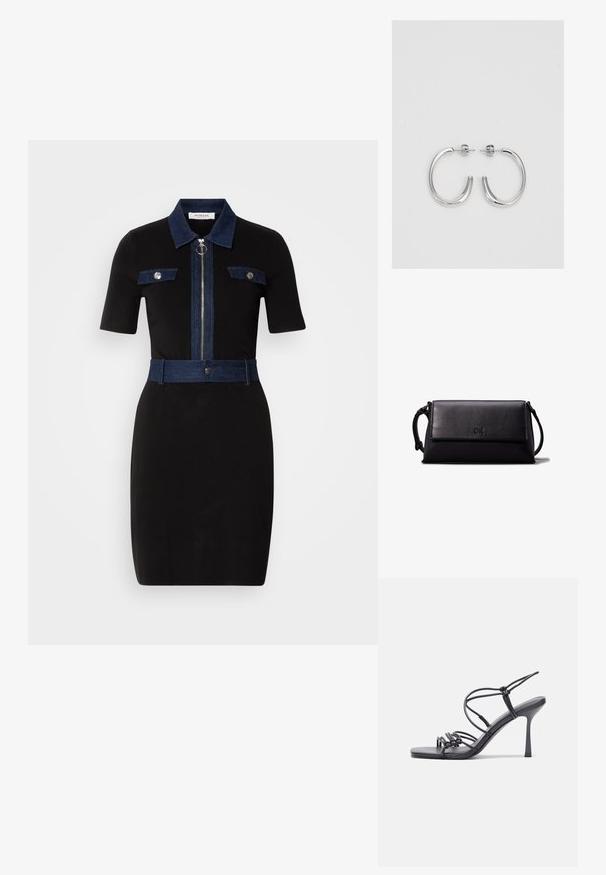 Čierne šaty s krátkymi rukávmi, deninovými akcentmi na golieri, vreckách a pase. Obsahujú centrálny zips a priliehavý strih.; Čierne sandále na vysokom podpätku majú tenké remienky s uzlovým dizajnom, hladký štvorcový špičku a elegantný stiletto podpätok.; Čierna kožená clutch taška s obdĺžnikovým tvarom, hladkou textúrou, plochým preklopom a malou rukoväťou na boku. Obsahuje jemné logo.; Strieborné kruhové náušnice s hladkým a lesklým povrchom. Okrúhly tvar, ľahký dizajn, s uzáverom na kolík.