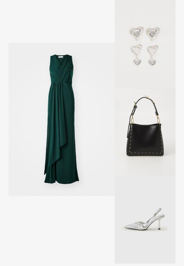 Roheline ilma varrukateta kleit voolavas kangas, millel on sügav V-kaelus, ettepoole langevad detailid ja sobiv vöökoht, ulatudes põrandani.; Hõbedased slingback kõrged kontsad terava ninaga, metalne viimistlus, kaks dekoratiivset rihma ja sihvakad kontsad musta otsaga.; Must mustrikk kott, millel on struktureeritud kuju, kullatud nupukestega ääristel ja eemaldatava rihmaga, millel on kullatud detailid.; Hõbedased südamekujulised kõrvarõngad on kaunistatud lõhikute ja selgete kividega ning neil on tekstureeritud raam. Komplekti kuuluvad kõrvarõngad nupud ja rippuvad mudelid.