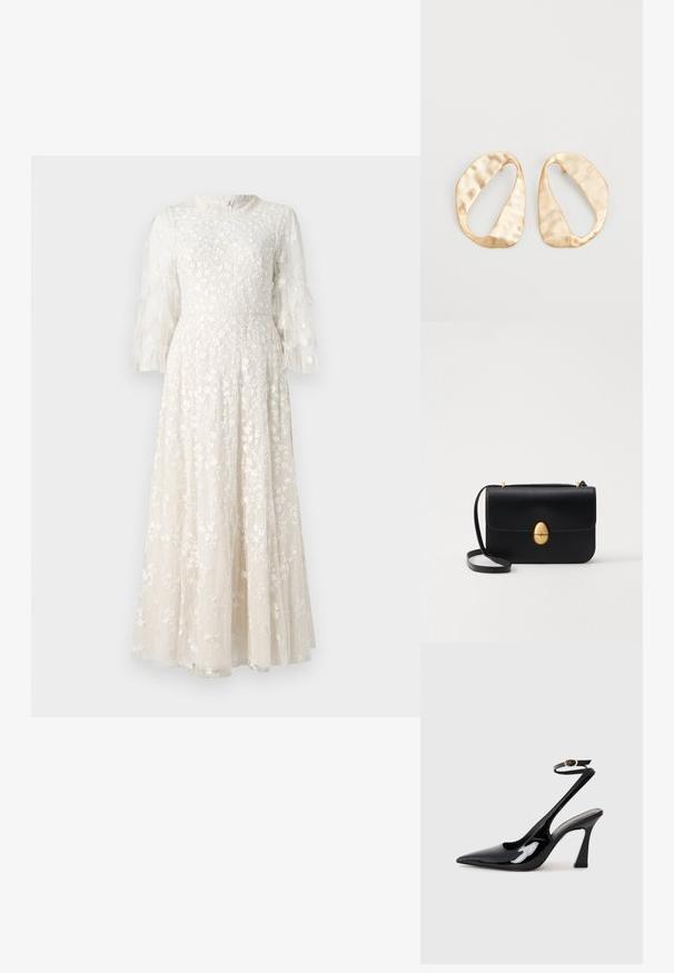 Abito lungo ricamato floreale in crema chiaro con maniche trasparenti a volant e corpetto aderente, che si apre in una gonna svasata.; Slingback eleganti in pelle verniciata nera con punta appuntita, cinturino alla caviglia regolabile e tacco quadrato moderato. Texture liscia con finitura lucida.; Borsa a tracolla in pelle nera con forma rettangolare strutturata. Presenta una chiusura ovale dorata e una sottile tracolla. Texture liscia.; Un paio di orecchini in metallo di tonalità dorata, di forma ovale irregolare, con superficie texturizzata e leggermente martellata, su uno sfondo bianco.