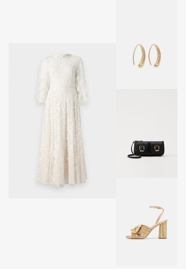 Cvečni vezeni dolg šal v svetlem kremnem odtenku z prosojnimi ruffle rokavi in prilegajočim korzetom, ki prehaja v razširjen krilo.; Zlate sandale s peto in vozlom spredaj, z naborki teksturo in trakcem okoli gležnja. Blok peta ima rebrast dizajn, ki izboljšuje oprijem.; Črna usnjena torbica čez ramo z dvema sprednjima žepoma, zlatimi zaponkami, zadrgo in ozkim pasom. Tekstura površine je strukturirana, obliko pa ima kompaktno pravokotno.; Zlato-tonirani kovinski uhani v obliki obroča s krivuljo in podolgovato obliko. Imajo gladko, sijočo površino in zaobljen vrh za dodaten detajl.