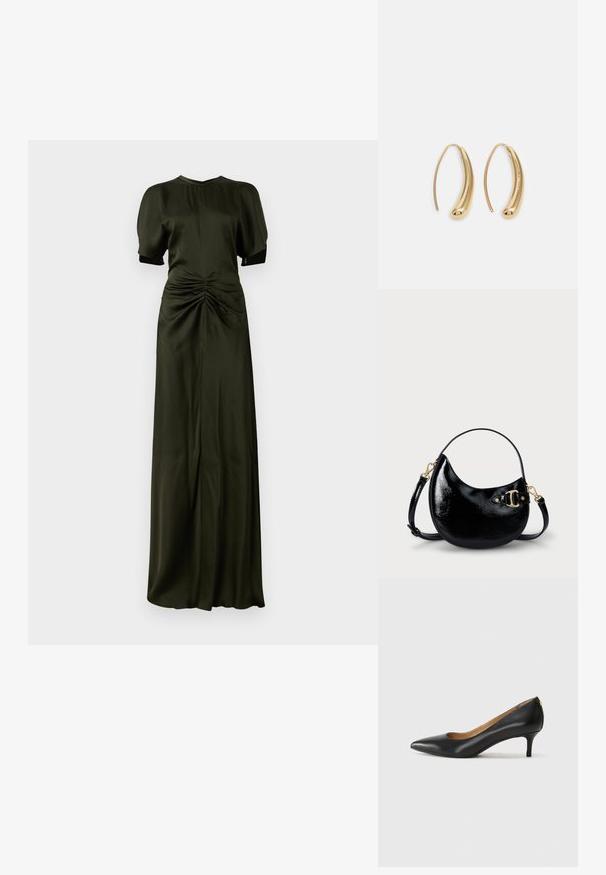 Vestido de cetim verde-oliva com decote redondo, mangas curtas bufantes e um detalhe franzido na cintura, que se estende até uma silhueta de comprimento até ao chão.; Sapato de salto alto em pele preta com bico fino, salto baixo e textura suave. Apresenta uma ligeira abertura na parte da frente e mínima ferragem na parte de trás.; Bolsa de señora em couro verniz preto com forma curva, alça ajustável e detalhes em metal dourado na lateral. Textura suave e brilhante.; Brincos em metal dourado com forma de arco alongado e curvado. Apresentam uma superfície lisa e brilhante, com uma ponta arredondada para um detalhe adicional.
