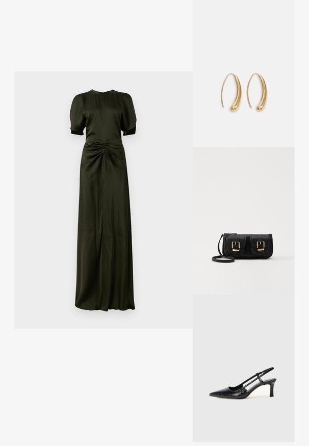 Alyvuogių žalios atlasinės suknelės su apvaliu iškirpimu, trumpomis pūstomis rankovėmis ir susiraukšlėjimu liemens srityje, besitęsiančia iki grindų.; Juodai lakuoti slingback aukštakulniai su smailiu nosiu, su tekstūruotu gyvatės raštu, reguliuojama juosta ir trumpu, tekstūruotu blokiniu kulnu.; Juodas odinis per petį nešiojamas krepšys su dviem priekiniais kišenėmis, auksiniais sagtimis, užtrauktuko uždarymu ir siauromis petnešomis. Textūruota paviršius ir kompaktiškas stačiakampis formatas.; Auksinės metalinės auskarų kabės su lenktą, pailgą forma. Turi lygų, blizgantį paviršių ir užapvalintą galiuką papildomam akcentui.