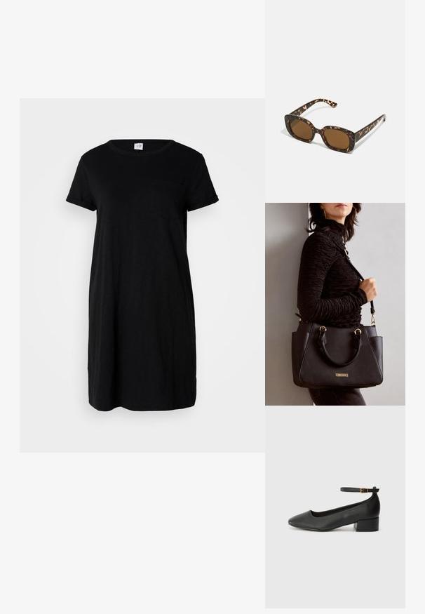 Černé bavlněné šaty ve stylu trička s krátkými rukávy, kulatým výstřihem a kapsičkou na prsou. Volný střih, délka ke kolenům, hladký povrch.; Černé kožené lodičky s špičatou špičkou a nízkým blokovým podpatkem. Obsahují pásek kolem kotníku se zlatou sponou. Hladký povrch.; Sluneční brýle ve skořápce želvy s kulatým, širokým rámem a hnědými čočkami. Mají jemné vzory a rovné, zúžené stranice.; Černá kabelka s texturovaným povrchem, dvojitými horními uchy a nastavitelným ramenním popruhem. Obsahuje zlaté kovové prvky a boční kapsy.