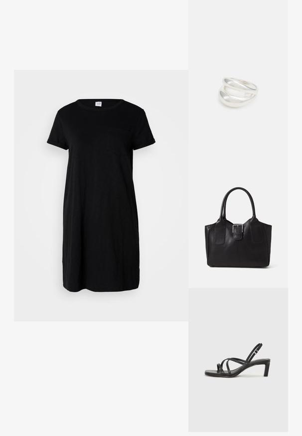 Must mustaga t-särk, millel on lühikesed varrukad, ümmargune kaelus ja rinnatasku. Laia lõikega, põlve pikkune, sile tekstuur.; Mustast rihmajalatsid ruudukujulise varba ja madala ploki kontsaga. Omab mitmeid õhukesi rihmasid ja reguleeritavat pahkluu rihma. Valmistatud siledast nahast.; Mustgamma nahast kott, millel on sile tekstuur, struktureeritud kuju, kaks käepidet ja esiküljel silmapaistev hõbedane pandla detail.; Hõbedane kahekordne rõngas sujuva, poleeritud pinnaga. Omab voolavat, kõverat disaini, millel on kattuvad sektsioonid, et saavutada kaasaegne ilme.; Hõbedane kahekordne rõngas sujuva, poleeritud pinnaga. Omab voolavat, kõverat disaini, millel on kattuvad sektsioonid, et saavutada kaasaegne ilme.