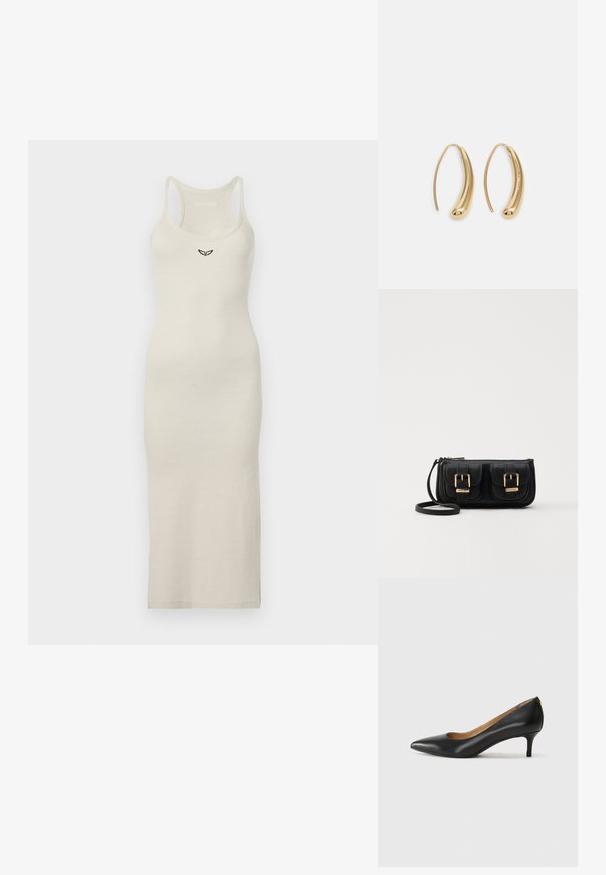 Vestido midi sin mangas en beige claro, confeccionado en tejido acanalado. Presenta un sutil logotipo bordado en el pecho. Silueta ligera y ajustada.; Zapato de tacón negro de cuero con punta afilada, tacón bajo y textura suave. Presenta una ligera apertura en la parte frontal y un hardware minimalista en la parte trasera.; Bolso cruzado de cuero negro con dos bolsillos frontales, hebillas doradas, cierre de cremallera y una correa delgada. Superficie texturizada y forma rectangular compacta.; Pendientes de aro de metal en tono dorado con una forma curva y alargada. Presentan una superficie lisa y brillante y una punta redondeada para mayor detalle.