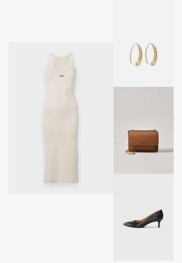 Ermeløs midikjole i lys beige, laget av ribbet stoff. Den har en subtil brodert logo på brystet. Lett og tettsittende silhuett.; Sorte lærpumpe med spiss tå, lav hæl og en glatt tekstur. Har en liten åpning foran og minimalt med beslag bak.; Brun teksturert lær crossover-veske med gullkjede-stropp og klaffelukking. Fronten har logo-detalj og en lomme under klaffen.; Gullfargede metalløredobber med en buet, forlenget form. Har en jevn, blank overflate og en avrundet tupp for ekstra detaljer.