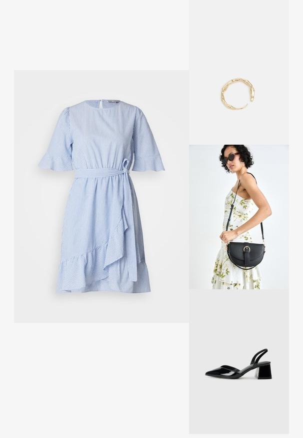 Mėlynos ir baltos dryžuotos suknelės trumpomis volanų rankovėmis, su juosmeniu, kuris surišamas, ir asimetriniu apvadu. Pagaminta iš lengvos medžiagos su glotnia tekstūra.; Juodos lakuotos odinės šlepetės su smailiu pirštu ir geometriniu bloko kulnu. Turi elegantišką, minimalistinį dizainą ir lygų paviršių.; Juodas odinis krepšys su išlenkta forma, nuimamu dirželiu ir auksiniais detalėmis. Krepšys turi kilpą su sagtimi.; Auksinės spalvos žiedas, turintis organišką, sukimosi dizainą su lygiu paviršiumi ir siaurėjančiais galais, sukuriantis modernią skulptūrinę išvaizdą.