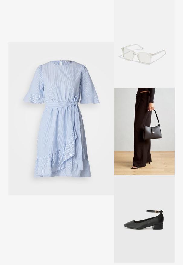 Zila un baltā svītrainā kleita ar īsām krokotām piedurknēm, jostu viduklī un asimetrisku apakšmalu. Izgatavota no viegla auduma ar gludu tekstūru.; Melnas ādas sūkņi ar smailu purngalu un zemu bloku papēdi. Iezīmēts ar potītes siksniņu ar zelta krāsas sprādzi. Gluda tekstūra.; Caursplūstošas kvadrātveida brillēs ar caurspīdīgiem lēcām, ar zelta akcentiem uz tempļiem, lai pievienotu detaļas.; Melnā somiņa ar strukturētu formu, gludu tekstūru un metālu sprādzi. Saskaņota ar platām melnām biksēm un sandālēm ar atvērtu purngalu uz koka grīdas.