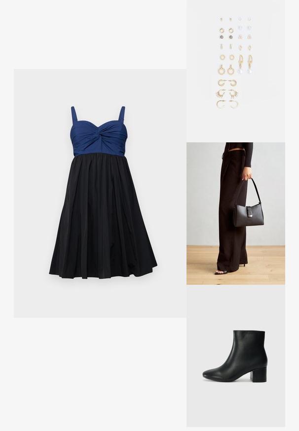 A-line kleit, millel on tumesinine sobiv ülaosa keerduse detailiga ja must plisseeritud seelik, viimistletud reguleeritavate rihmadega.; Mustad nahast pahkluu saapad terava varbaga ja jämeda kandaga. Sile tekstuur minimaalse aktsentidega ja stiilne, lihvitud disain.; Must musta kott, millel on struktureeritud kuju, sile tekstuur ja metallist klamber. Kombineeritud laiate mustade pükstega ja avatud varvaste sandaalidega puidust põrandal.; Kullastusust kõrvarõngaste komplekt, mis sisaldab erinevaid disaine, sealhulgas nööpe, rõngaid ja riputatavaid tükke, millel on pärlid ja rhinestones.