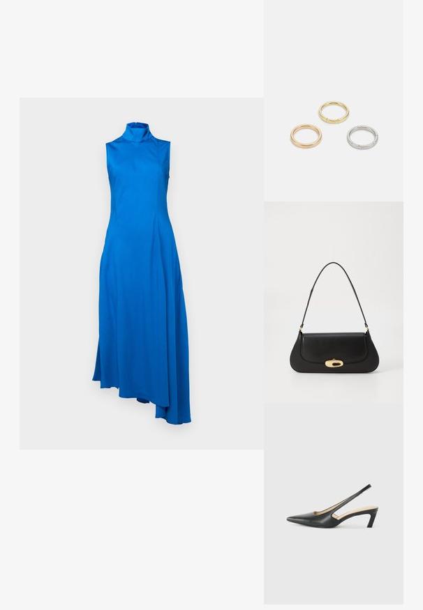 Asimetrična, brezrokavna modra obleka z visokim ovratnikom. Narejena je iz gladkega blaga, ima tekočo silhueto in stranske razpoke. Zadrga na hrbtu.; Črne čevlje s koničastimi nosovi in slingback obliko z nizko peto, izdelane iz gladke usnjene materiale ter s črtasto zasnovo na strani za prezračevanje.; Črna usnjena torba s ukrivljeno zasnovo, z zlatimi dodatki in zgornjim ročajem. Ima eleganten zapirni mehanizem in gladko teksturo.; Trije kovinski prstani: eden rožnato zlati, eden zlat z teksturiranimi detajli in eden srebrn, vsi z vgraviranim logotipom na notranji strani.
