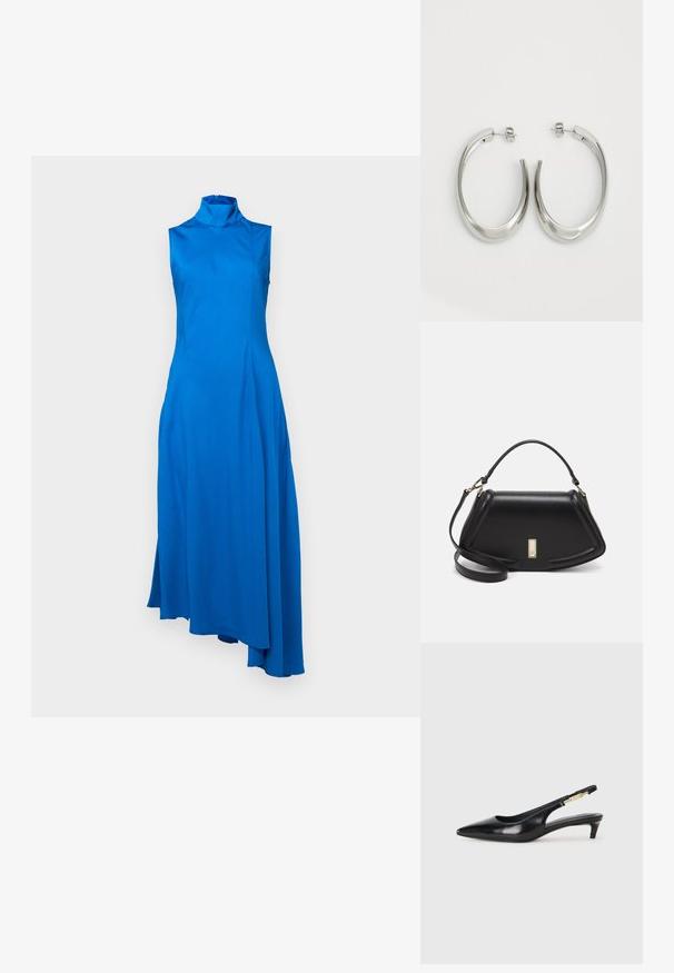 Asymmetrical, sleeveless blue dress with a high neck. Made of smooth fabric, features a flowing silhouette and side slits. Zipper at the back.; Black leather slingback heels with a pointed toe, featuring a slim heel and a gold-tone accent on the adjustable strap. Smooth texture.; Black leather handbag with a structured design, featuring a cropped shape, top handle, and gold hardware accent. Adjustable shoulder strap included.; Silver hoop earrings with a smooth, curved design. Features a shiny metallic finish and stud closure. No visible patterns or accents.