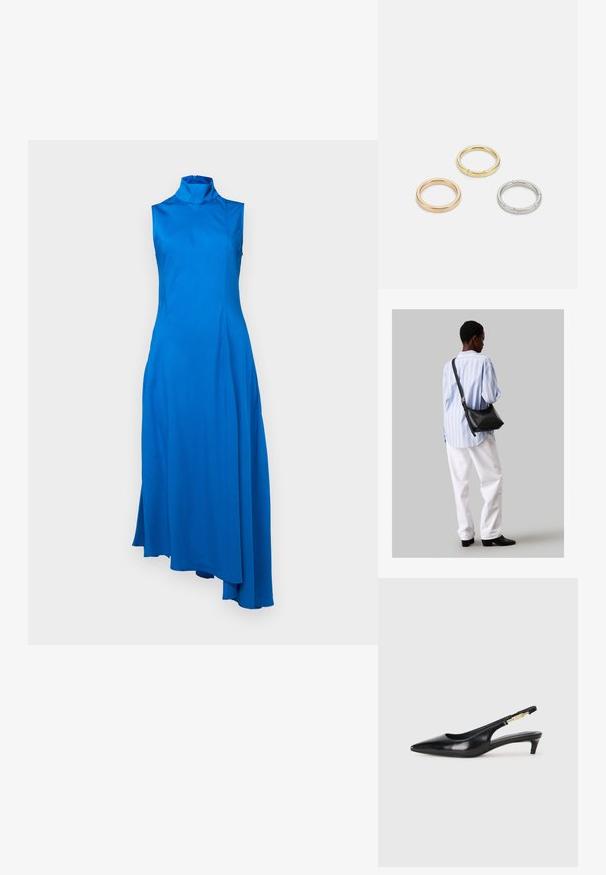 Asymetrická, bezramienková modrá šaty s vysokým golierom. Vyrobené z hladkej tkaniny, majú pôvabný strih a bočné rozparky. Zips na zadnej strane.; Čierne kožené slingback opätky s špicatou špičkou, s úzkym opätkom a zlatým detailom na nastaviteľnom remienku. Hladká textúra.; Čierna kožená ramenná taška so mäkkou textúrou, trojuholníkovým tvarom a nastaviteľným popruhom, skombinovaná s svetlomodrou pruhovanou košeľou a bielymi nohavicami.; Triumf kovových prsteňov: jeden v ružovom zlate, jeden zlatý s textúrovanými akcentmi a jeden strieborný, všetky s gravírovaným logom na vnútornej strane.