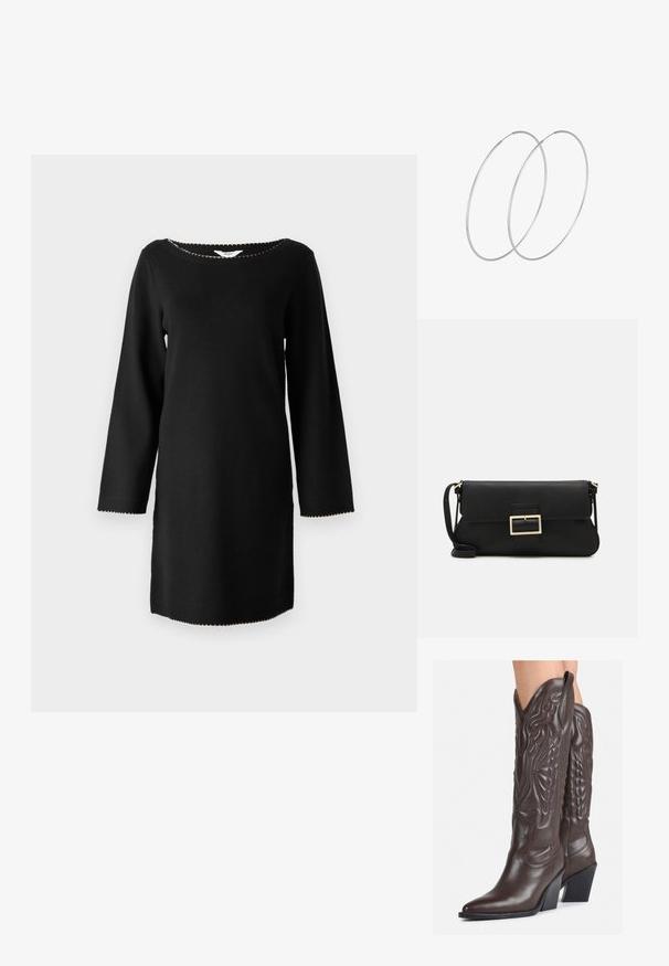 Svart stickad klänning med långa ärmar, bred rund halsringning och scallopade kanter vid ärmar och fåll. Slät textur, minimalistisk design.; Bruna lädercowboystövlar med spetsig tå och klossklack, med detaljerad sömnad och upphöjda accenter på skaftet.; Svart läderkuvertväska med en klaff och detalj i guldmetallspänne. Innehåller en svart rem och en elegant, minimalistisk design.; Silverfärgade hoopörhängen med en minimalistisk design. Cirkulär form, slät yta och tunn profil. Lätta med en polerad finish.