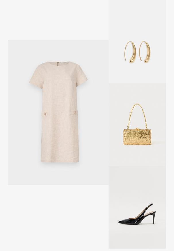 Λινέν φόρεμα σε ανοιχτό μπεζ χρώμα με κοντά μανίκια, στρογγυλή λαιμόκοψη και δύο μπροστινές τσέπες με διακοσμητικά κουμπιά. Απλή, ευθεία σιλουέτα.; Μαύρη πατέν κλίνγκμπακ άντρες με μυτερή μύτη, λεπτό τακούνι και διακριτικό σχέδιο κοψίματος. Διαθέτει χρυσό κούμπωμα στη λωρίδα.; Χρυσή σακίδα από παγιέτες σε ορθογώνιο σχήμα, με χερούλι από στριμμένο αλυσίδα και μεταλλικό κλείσιμο, που αντανακλά το φως με υφή.; Χρυσές μεταλλικές σκουλαρίκια κρίκοι με καμπυλωτό, ελκυστικό σχήμα. Περιλαμβάνουν μια λεία, γυαλιστερή επιφάνεια και στρογγυλή άκρη για πρόσθετη λεπτομέρεια.