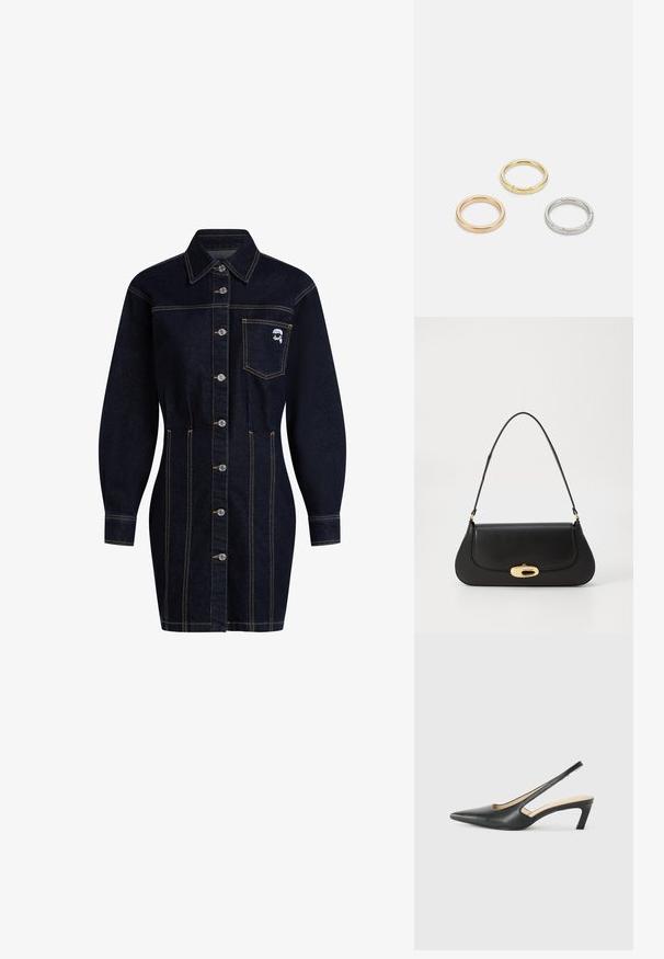 Tumšā ziloņu krekla kleita ar apkakli, pogām pa priekšu un garām piedurknēm. Iespējušas krūšu kabata un dzeltenas stitchinga akcenti.; Melna, ar smailu purngalu, slingback kurpe ar zemu papēdi, izgatavota no gludas ādas materiāla un ar izgriezumiem sānos gaisa caurlaidībai.; Melna ādas rokassoma ar izliekta dizaina elementiem, zelta krāsas detaļām un augšējo rokturi. Iezīmējas ar elegantu aizdari un gludu faktūru.; Trīs metāla gredzeni: viens rozā zeltā, viens zeltā ar teksturētiem akcentiem un viens sudraba, visiem ar iegravētām zīmola atzīmēm iekšējā joslā.