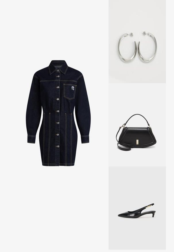 Tummansininen farkkupaitamekko, jossa on kauluspaita, napit edessä ja pitkät hihat. Sisältää rintataskun ja keltaisia ompeluakkentoja.; Mustat nahkaiset slingback-korkokengät, joissa on terävä kärki, ohuet korot ja kultasävytteinen yksityiskohta säädettävässä hihnassa. Silkkinen pinta.; Mustalla nahkalaukulla, jossa on jämäkkä muotoilu, lyhyt malli, yläkahva ja kultaiset yksityiskohdat. Säädettävä olkahihna sisältyy.; Hope hopeista, joissa on sileä, kaareva muotoilu. Varustettu kiiltävällä metallipinnoitteella ja nappikiinnityksellä. Ei näkyviä kuvioita tai koristeluja.