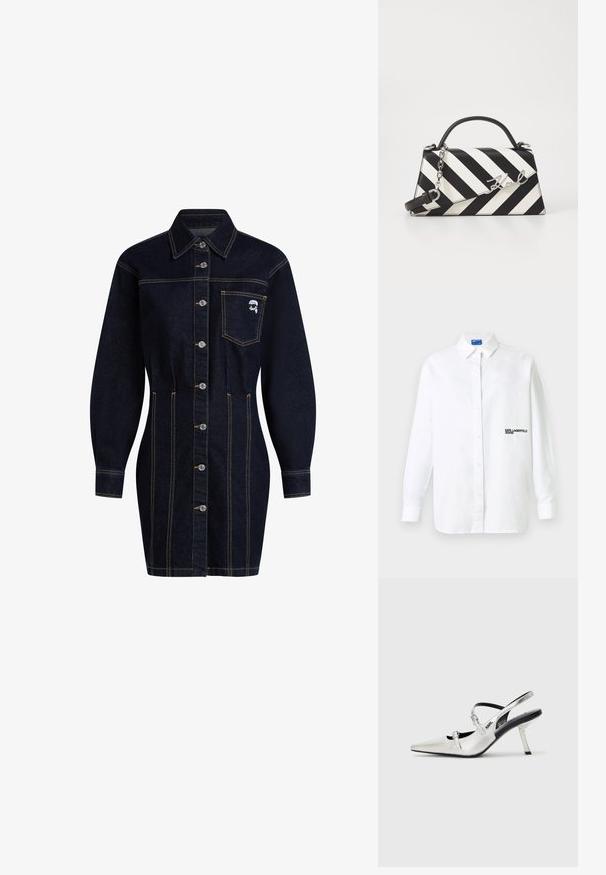 Tumšā ziloņu krekla kleita ar apkakli, pogām pa priekšu un garām piedurknēm. Iespējušas krūšu kabata un dzeltenas stitchinga akcenti.; Balta garām piedurknēm ar pogām, ar apkakli, ar melnu "KARL LAGERFELD JEANS" tekstu kreisajā krūšu daļā.; Sudraba slingback papēži ar norādītu purngali, ar gludu metālisku apdari, šauru papēdi un dekoratīviem siksniņu akcentiem.; Melnām un baltām svītrām rotāta rokassoma ar strukturētu formu, ar augšējo rokturi, noņemamu ķēdes siksnu un metāla logotipa akcentu.