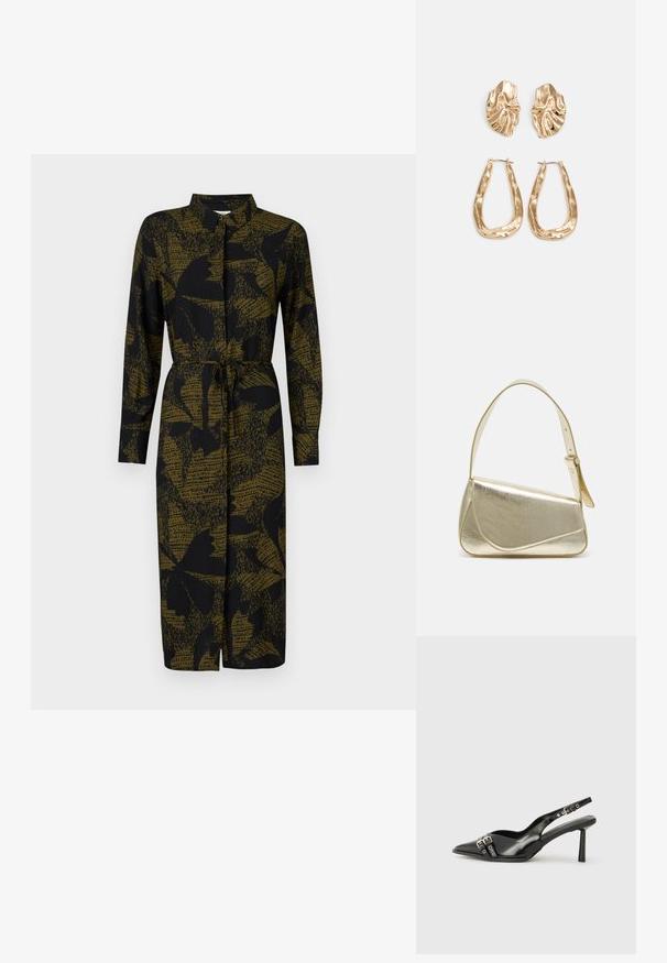 JDY JDYLIZA SHIRT DRESS - Srajčna obleka - winter moss; Črne patentne usnjene sandale s koničastim nosom, zankami okoli gležnja s srebrnimi sponkami in opremo ter vitkimi petami.; Zlata metalna torbica z urejenim dizajnom, gladko teksturo in nastavljivim trakom. Ima edinstveno trikotno obliko in minimalistično šivanje.; Zlato obarvani uhani z teksturiranimi, valovitimi oblikami. Vključujejo skulpturalne sponke za ušesa in odprto obliko obročka s kladivastim finišem.