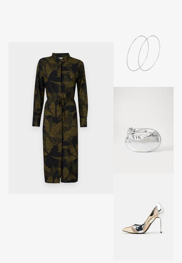 JDY JDYLIZA SHIRT DRESS - Paitamekko - winter moss; Korkokenkät, joissa on terävä kärki ja hopea, kultainen sekä nude-väriyhdistelmä. Kiiltävä pinta ja leikkausdesign, varustettuna stikettikorkealla.; Hopeapintainen metallinen pussilaukku, jolla on pehmeä, pyöreä muoto ja solmittava yläosa. Valmistettu sileästä tekonahkamateriaalista.; Hopehope hopeilla, joissa on minimalistinen muotoilu. Pyöreä muoto, sileä pinta ja ohut profiili. Kevyet ja kiillotetut.