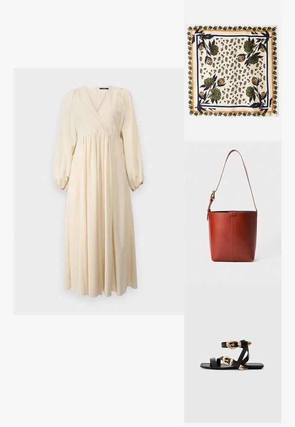 WEEKEND MaxMara FRANCIS - Robe de jour - ecru; Sandales en cuir noir avec des accents de boucles dorées, présentant plusieurs brides et un design de semelle plate pour un port ouvert.; Foulard en soie avec un fond crème orné de motifs floraux en vert et orange. Encadré par une bordure à motifs avec des accents verts.; Sac seau en cuir brun avec bandoulière réglable et boucle en ton doré, détail de couture verticale simple à l'avant.